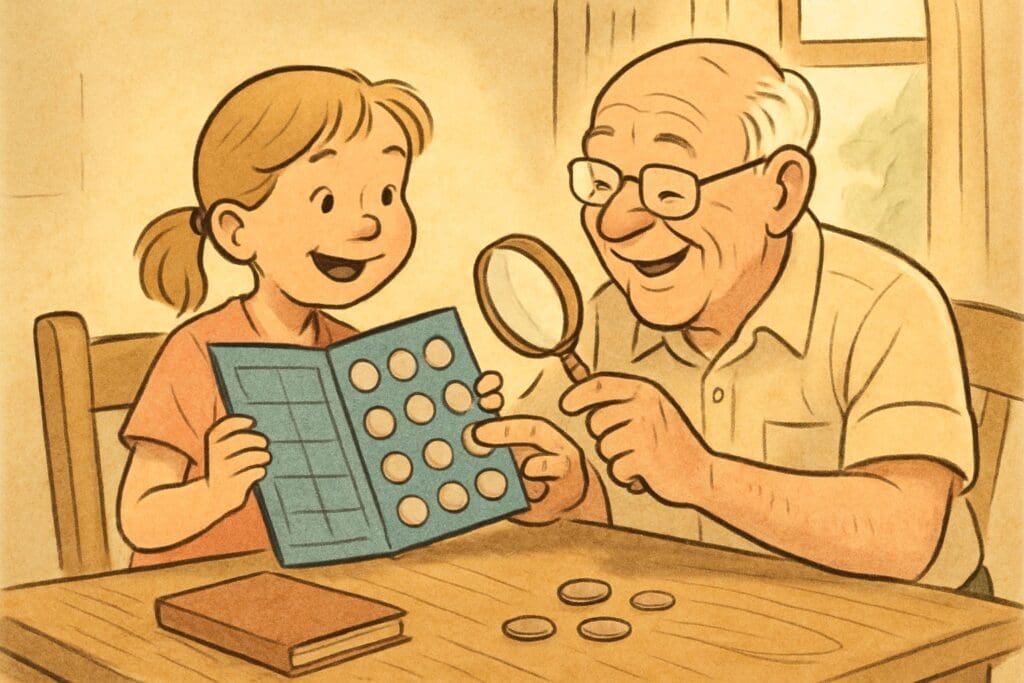 Illustrated grandfather and granddaughter looking at a coin folder together with a magnifying glass
