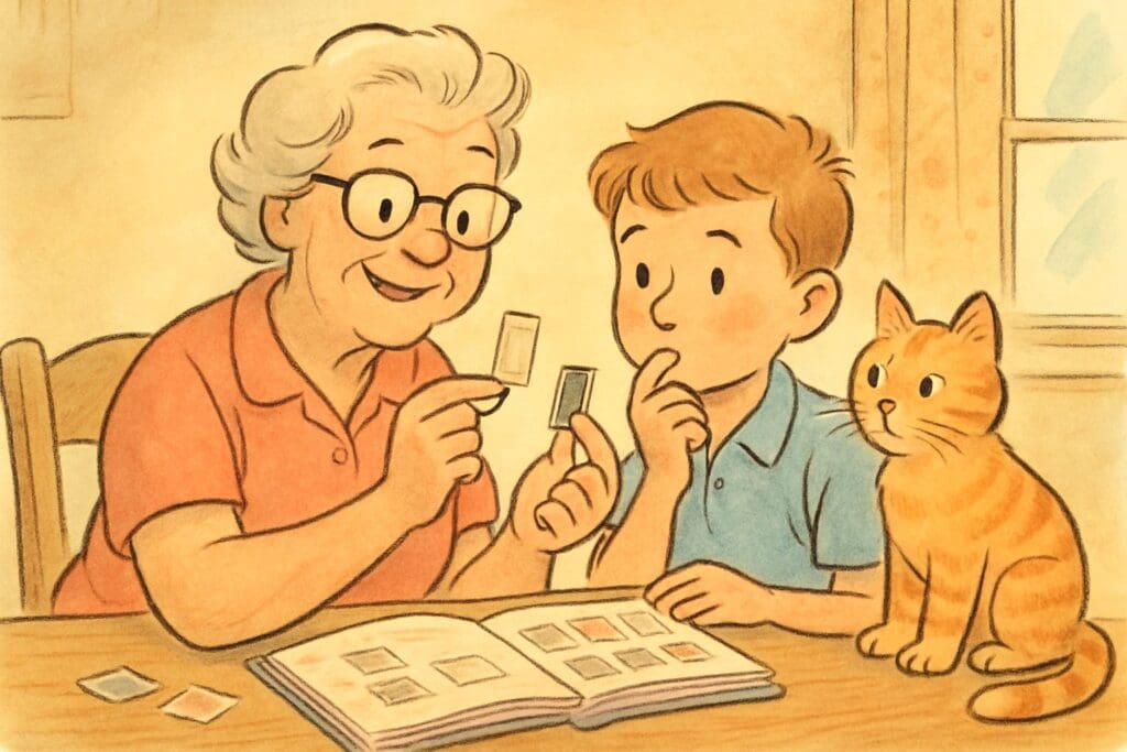 Illustrated grandmother and grandson comparing a stamp hinge and a mount, curious cat nearby