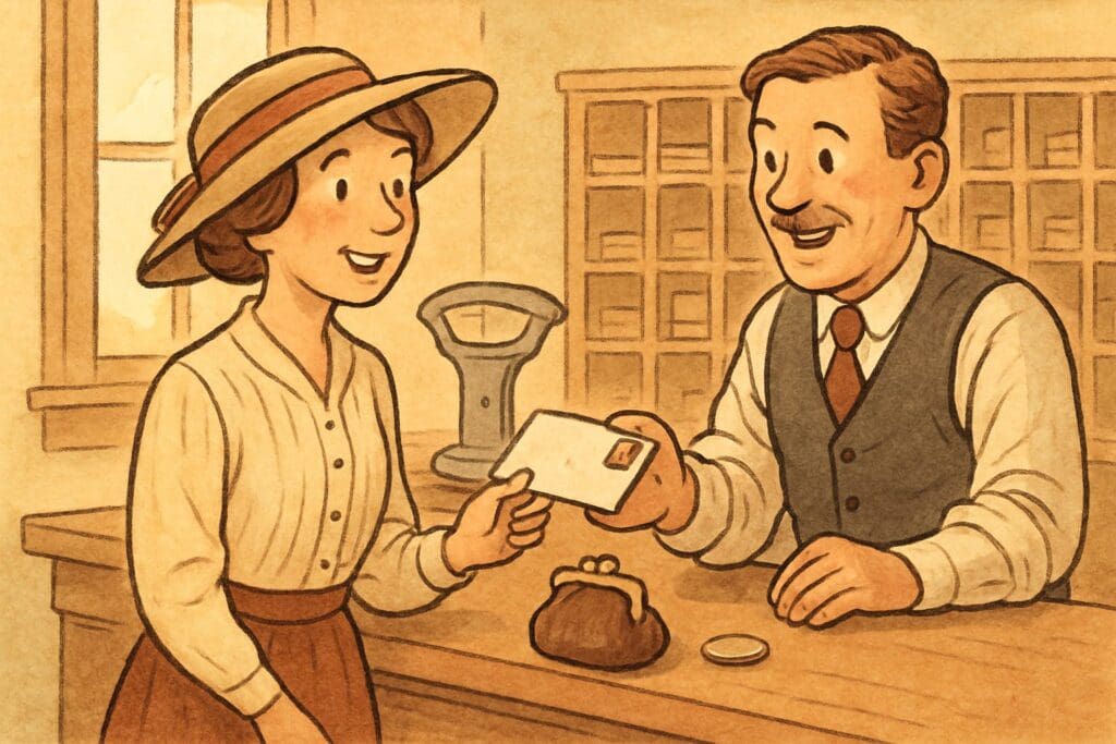 Illustrated 1920s post office scene depicting the era of the Woman Suffrage stamp and Susan B. Anthony dollar