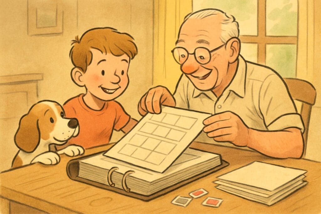 Illustrated grandfather and grandson adding a new album supplement page together, curious puppy nearby