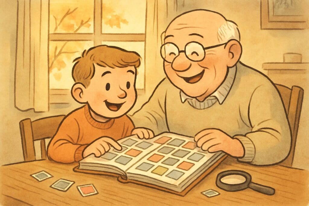 Illustrated grandfather and grandson looking through a stamp album together in autumn