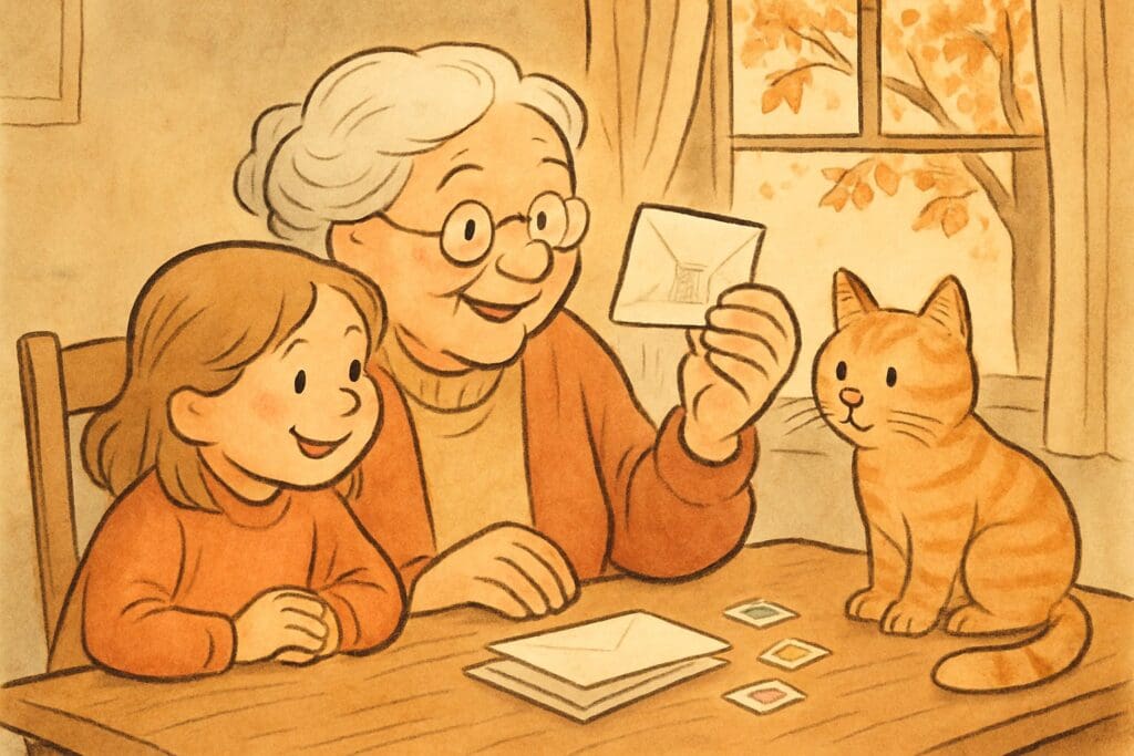 Illustrated grandmother showing a granddaughter a stamp inside a translucent glassine envelope, curious cat nearby
