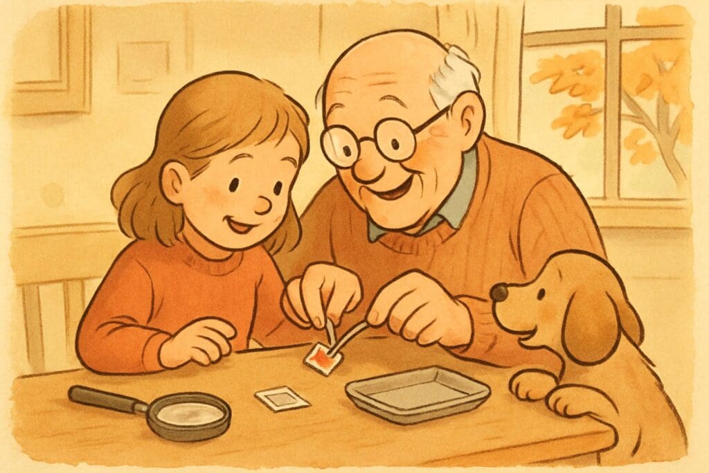 Illustrated grandfather teaching his granddaughter to use stamp tongs, magnifier and tray nearby, curious puppy watching
