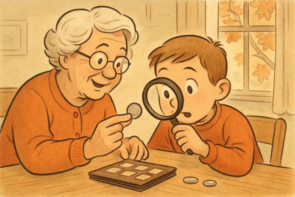 Illustrated grandmother and grandson examining a rare old coin together with a magnifying glass