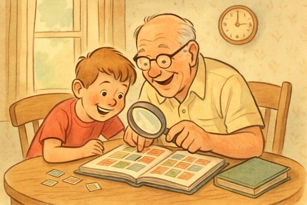 Illustrated grandfather and grandson examining stamps together with a magnifying glass