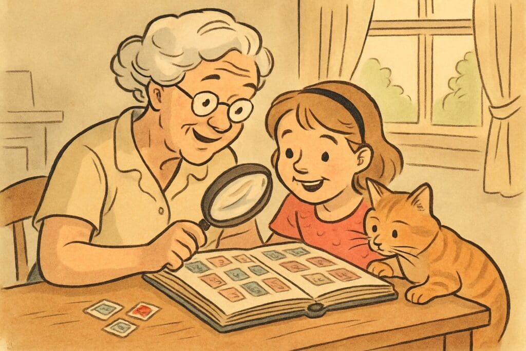 Illustrated grandmother and granddaughter looking at mounted stamps with a magnifying glass, curious cat nearby