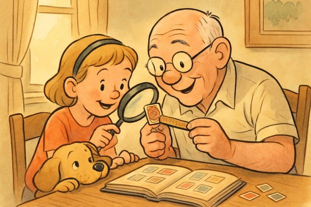 Illustrated grandfather and granddaughter measuring a stamp with a magnifying glass, curious puppy nearby