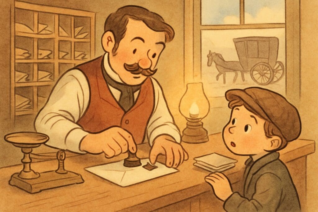 Illustrated Victorian-era post office scene depicting the origin of the Penny Black stamp
