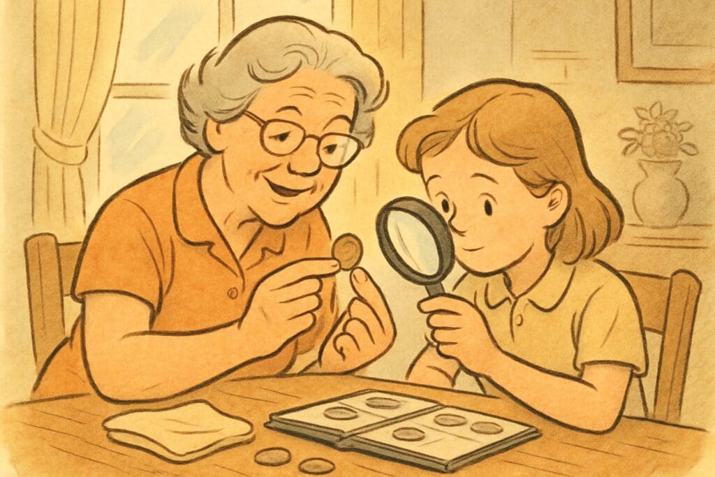 Illustrated grandmother and granddaughter carefully examining a coin without cleaning it