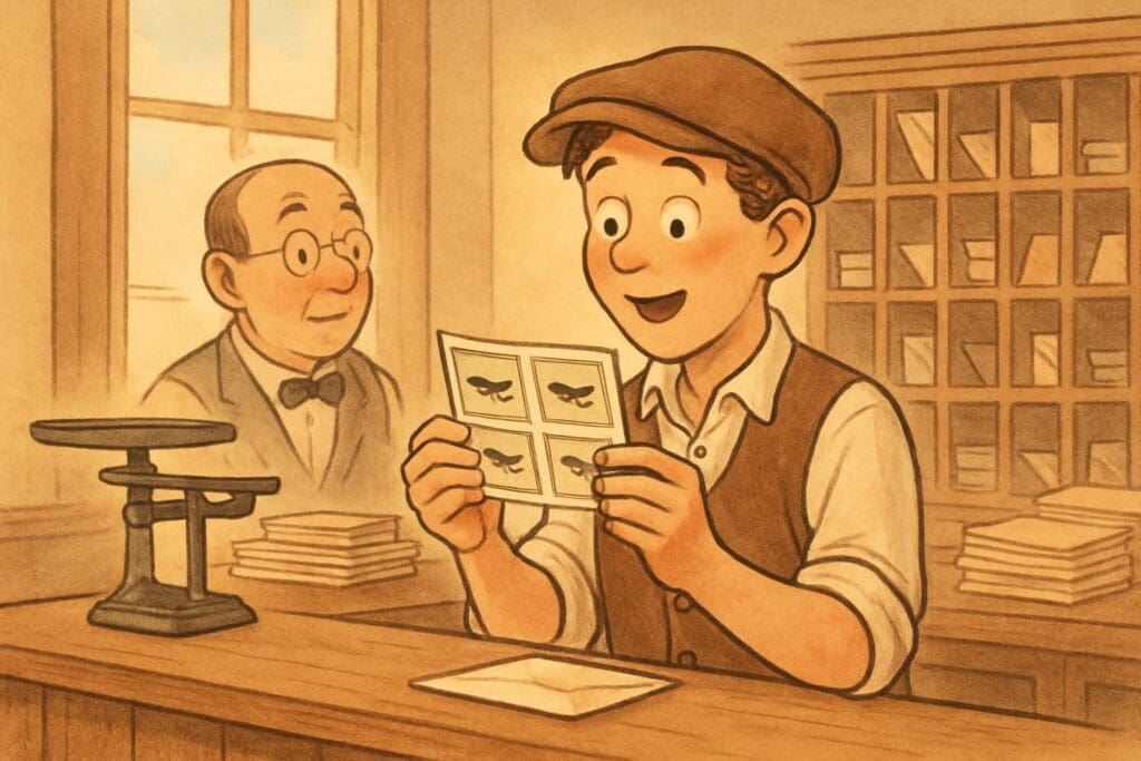 Illustrated 1918 post office scene depicting the discovery of the Inverted Jenny stamp error