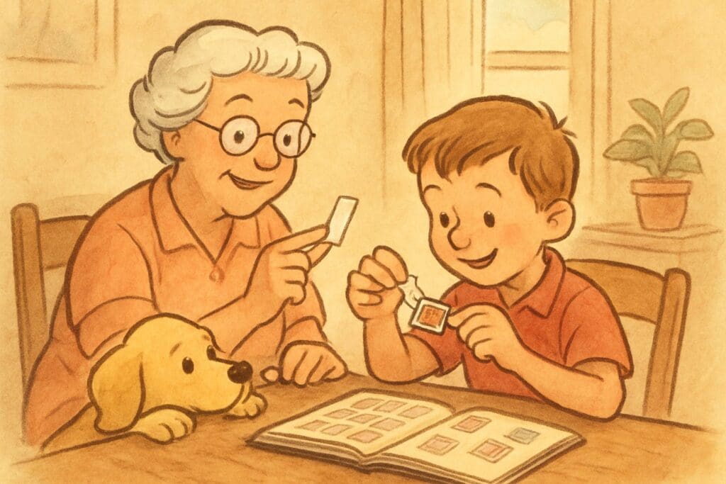 Illustrated grandmother and grandson placing a stamp into a mount together, curious puppy nearby