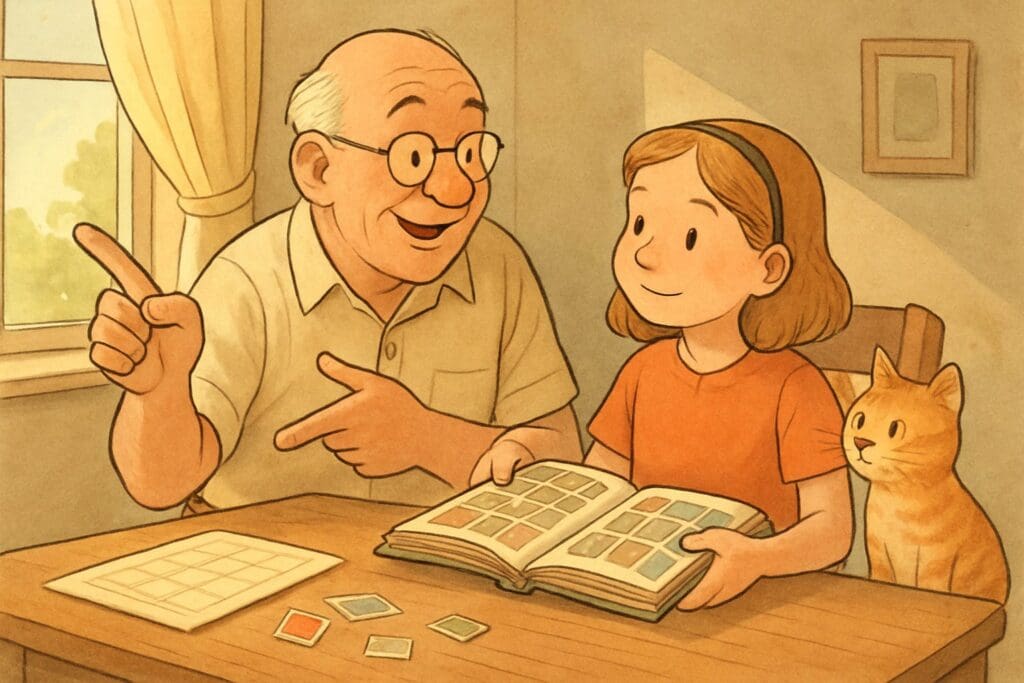 Illustrated grandfather teaching his granddaughter about keeping a stamp album out of direct sunlight, curious cat nearby
